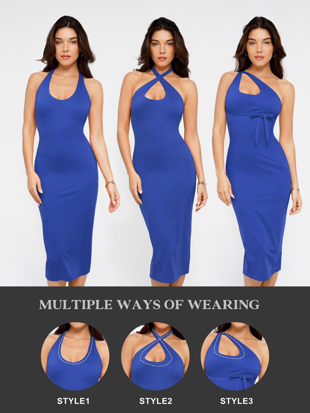 Popilush? Bodycon Summer Dress Low Back Built-In Shapewear Backless Halter Midi Dress