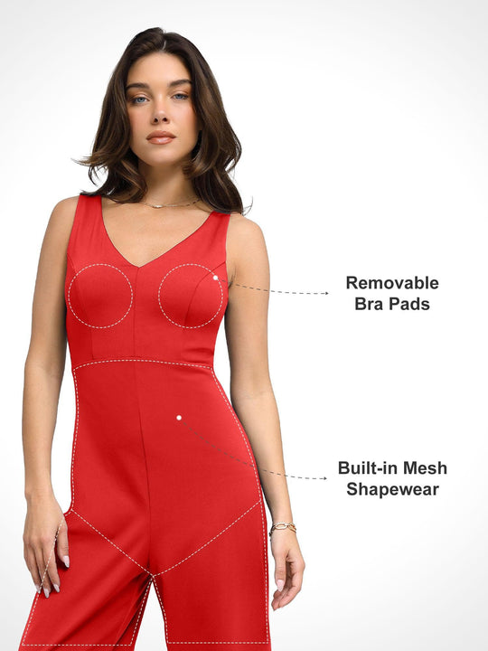 Popilush? Casual Jumpsuit Summer Outfits V Neck Wide-Leg Sleeveless Shapewear Jumpsuit