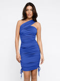 Popilush? Cooling Bodycon Summer Dress Bluetag Cooling Built-In Shapewear One Shoulder Ruched Midi Dress