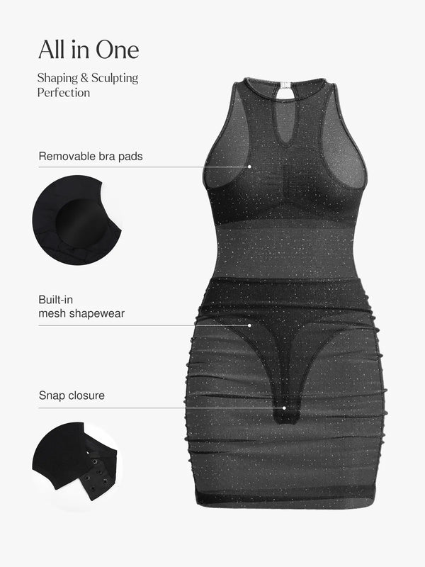 Shapewear Jewel Neckline Metallic Seamless Sculpting Dress
