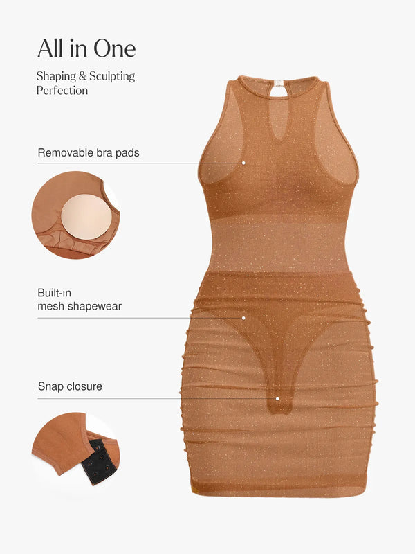 Shapewear Jewel Neckline Metallic Seamless Sculpting Dress