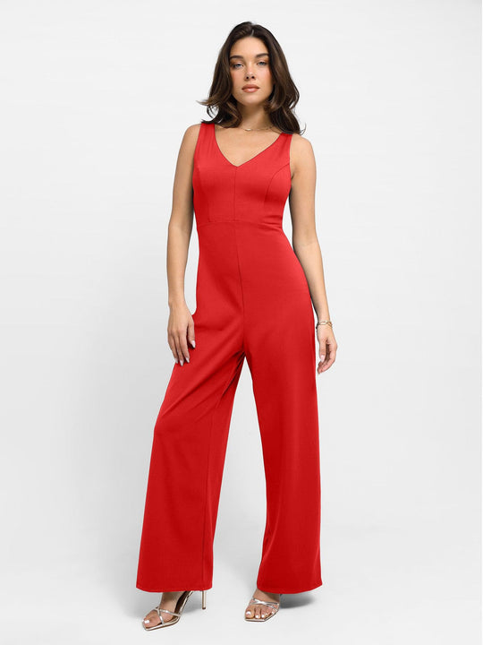 Popilush? Casual Jumpsuit Summer Outfits V Neck Wide-Leg Sleeveless Shapewear Jumpsuit
