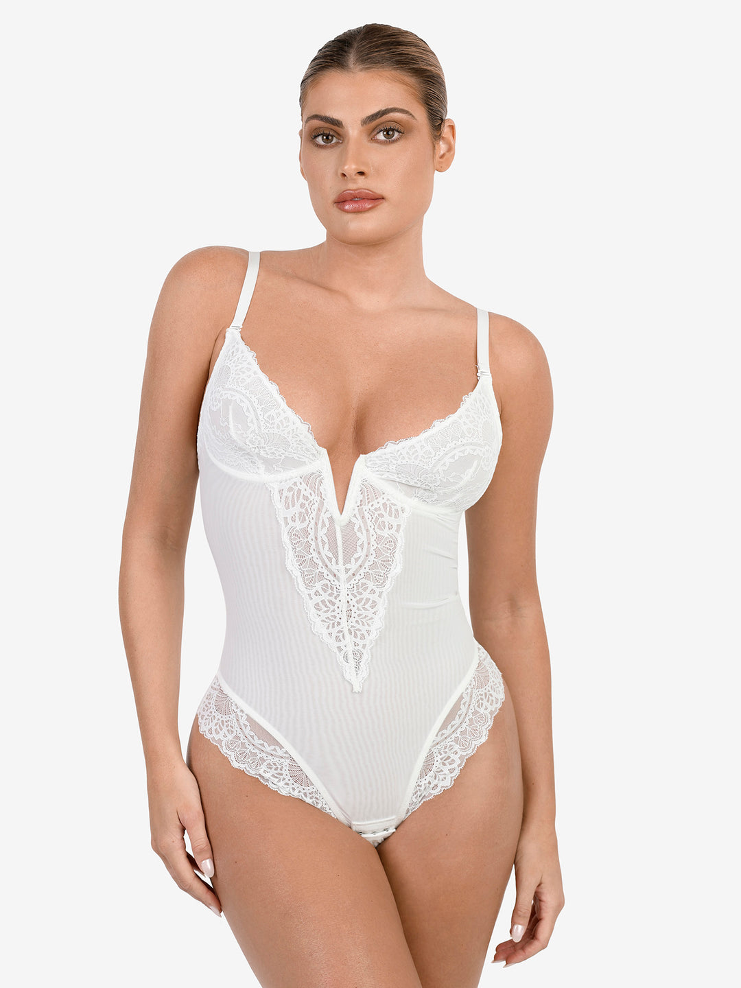 Shapewear Deep-V Neck  Alluring Plunge Lace Thong Bodysuit