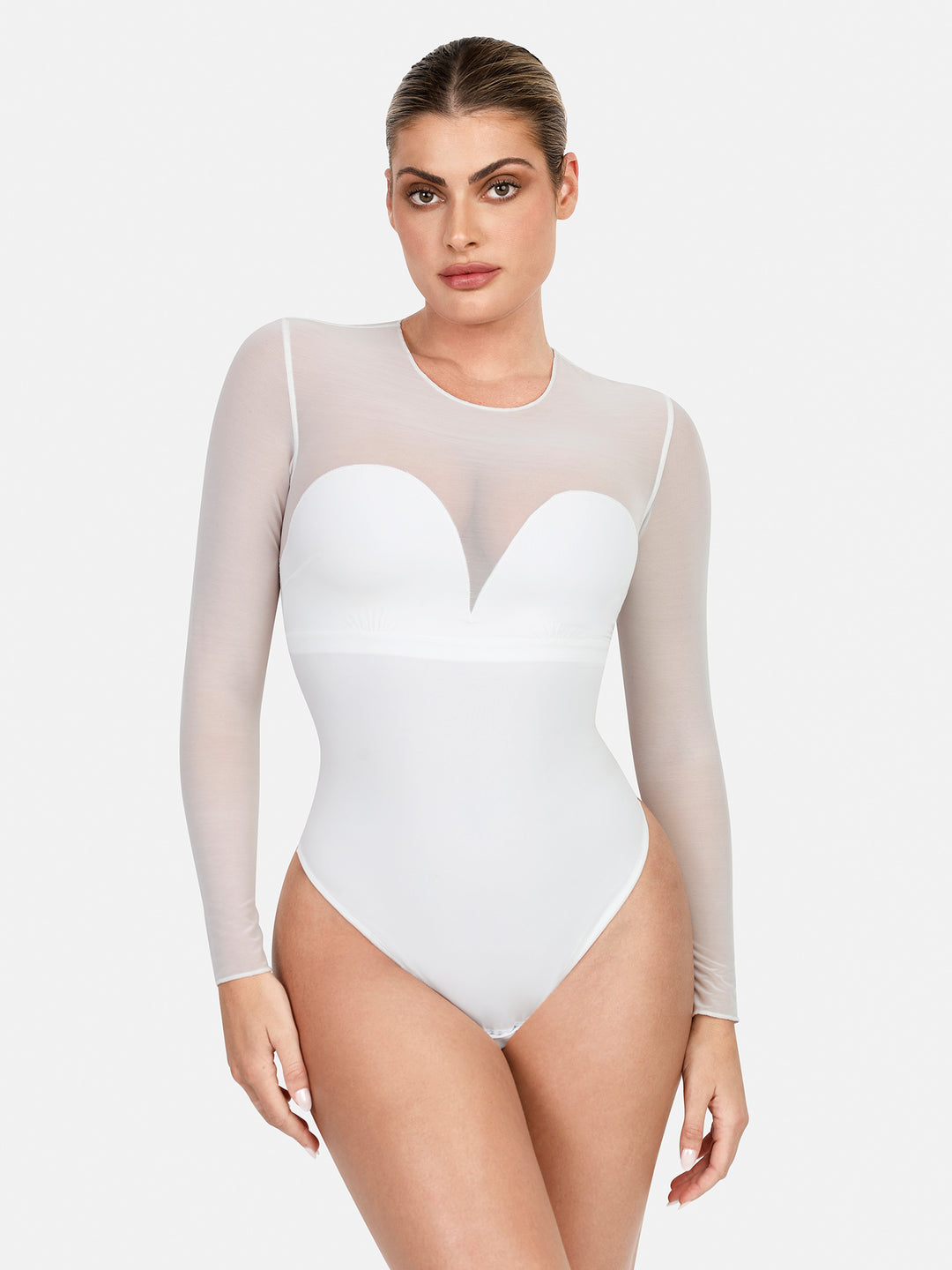 Sheer Mesh Shapewear Long Sleeve Thong Bodysuit