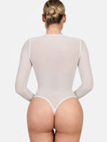 Sheer Mesh Shapewear Long Sleeve Thong Bodysuit