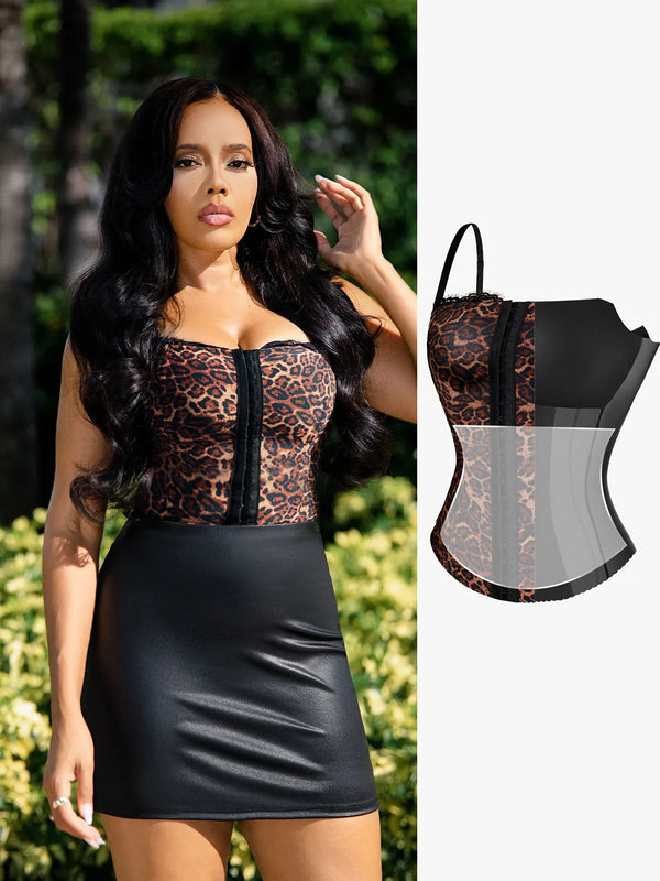 Popilush X Angela Shapewear Leopard Mesh Sculpting Detachable Strap Corset Top