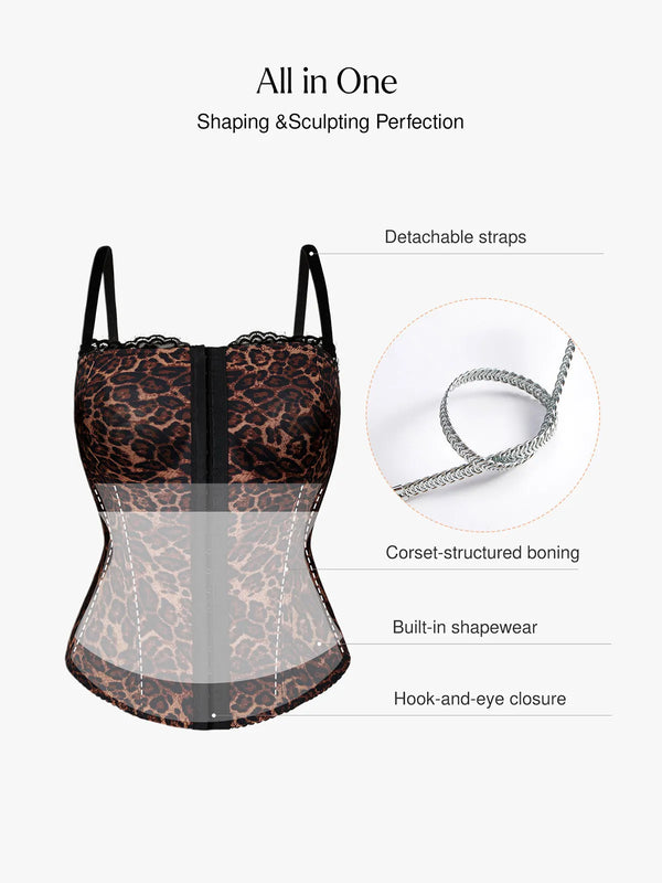 Popilush X Angela Shapewear Leopard Mesh Sculpting Detachable Strap Corset Top