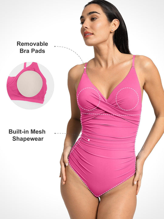 Popilush? Ruched V Neck One-Piece Shapewear Swimsuit