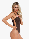 Deep V-Neck Leather Shapewear Thong Bodysuit