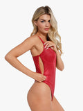 Deep V-Neck Leather Shapewear Thong Bodysuit