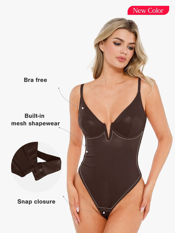 Deep V-Neck Leather Shapewear Thong Bodysuit