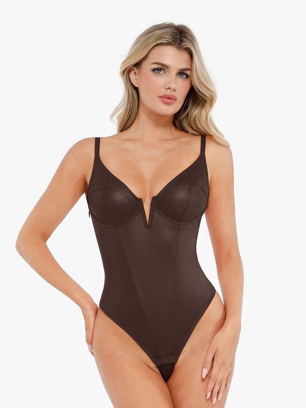 Deep V-Neck Leather Shapewear Thong Bodysuit