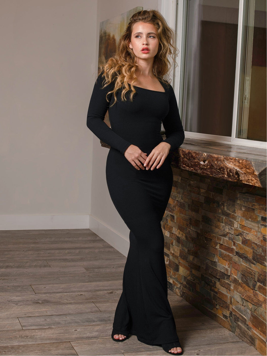 Popilush Square Neck Bodycon Maxi Long Dress Built-in Shaper Long Sleeve Lounge Dress