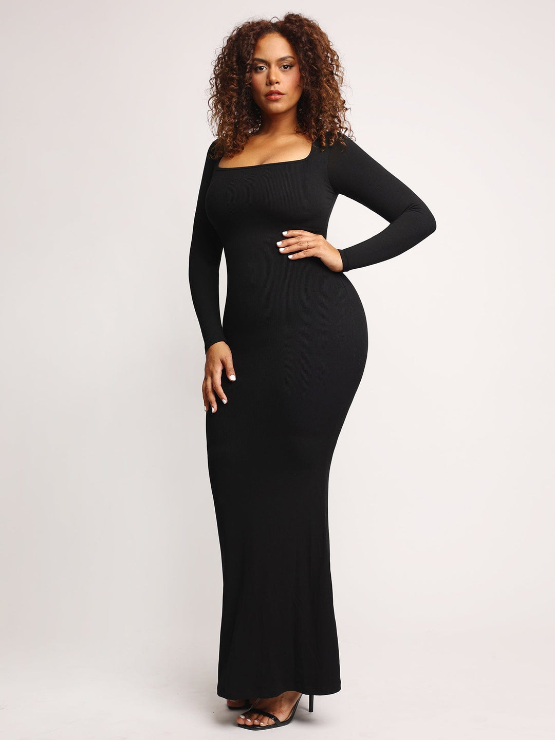 Popilush Square Neck Bodycon Maxi Long Dress Built-in Shaper Long Sleeve Lounge Dress