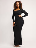 Popilush Square Neck Bodycon Maxi Long Dress Built-in Shaper Long Sleeve Lounge Dress