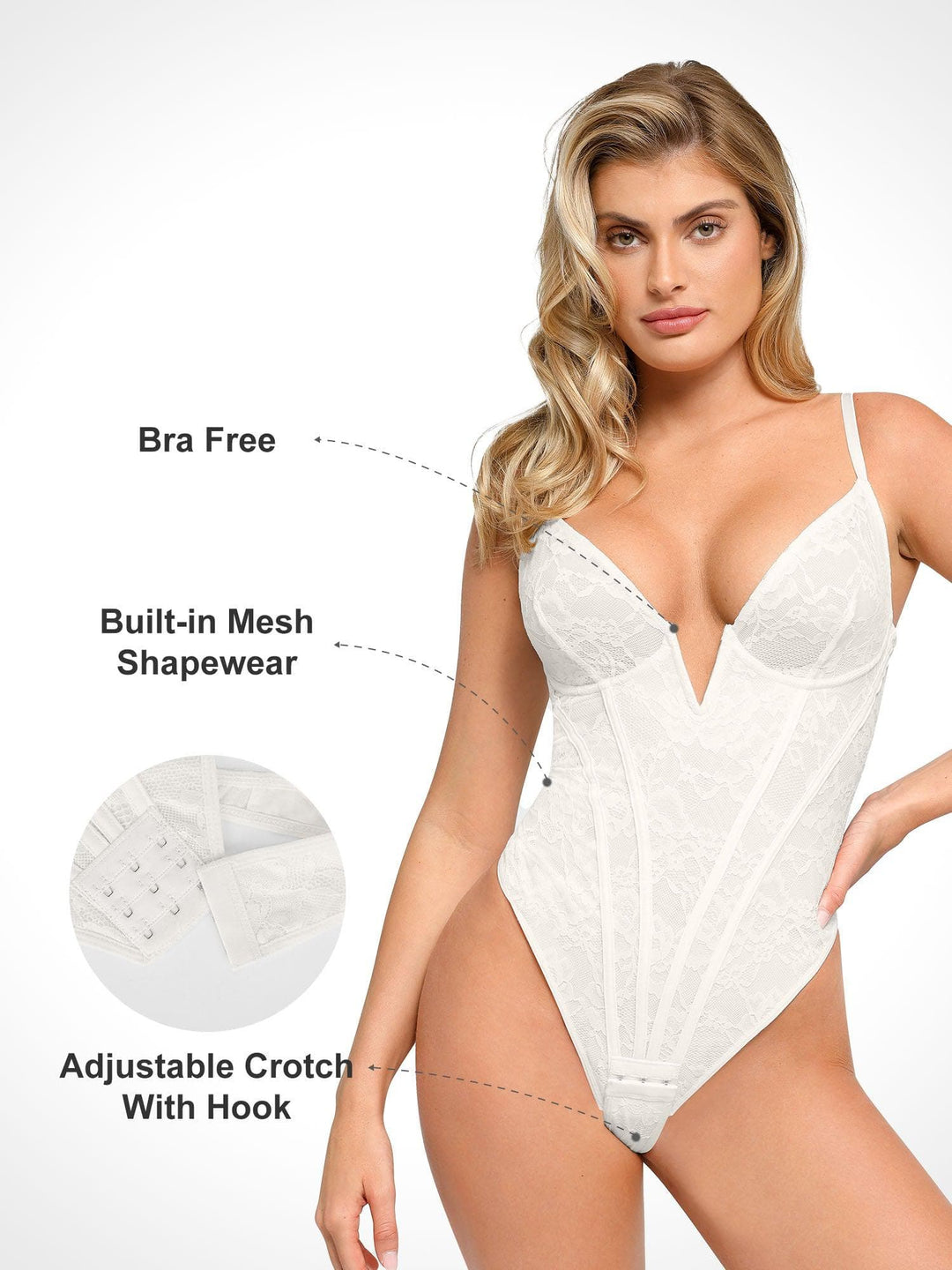 Popilush? Built-In Shapewear Deep-V Neck Lace Thong Bodysuit