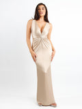 Popilush? Built-In Shapewear Deep V-Neck Twisted Shine Maxi Dress