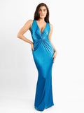 Popilush? Sea Blue / S Built-In Shapewear Deep V-Neck Twisted Shine Maxi Dress