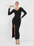 Popilush? Built-In Shapewear Long Sleeve V-neck Split Maxi Dress