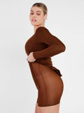 Popilush? Built-In Shapewear Long Sleeve V-neck Split Maxi Dress