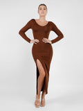 Popilush? Built-In Shapewear Long Sleeve V-neck Split Maxi Dress
