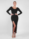 Popilush? Built-In Shapewear Long Sleeve V-neck Split Maxi Dress
