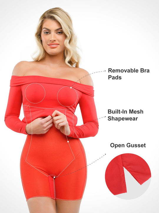 Popilush? Built-In Shapewear Off Shoulder Long Sleeve Midi Dress