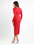 Popilush? Formal Bodycon Party Dress Built-In Shapewear Ruched Long Sleeve Split Midi Dress