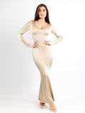 Popilush? Formal Bodycon Party Winter Dress Champagne / S Built-In Shapewear V-Neck Long Sleeve Shine Maxi Dress