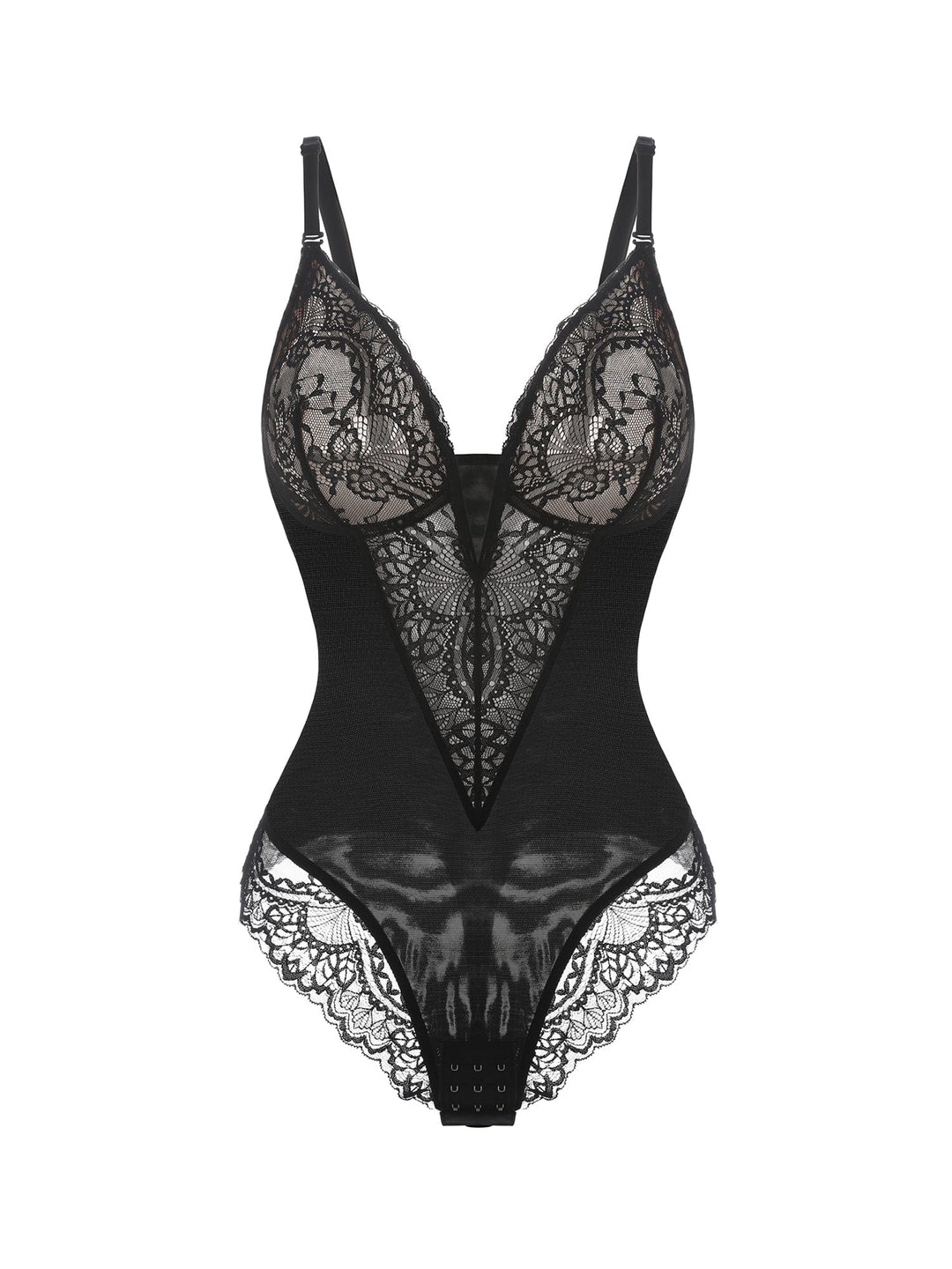 Popilush Black / S Deep-V Neck Lace Thong Bodysuit