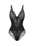 Popilush Black / S Deep-V Neck Lace Thong Bodysuit