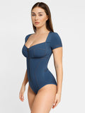 Popilush? Denim Deep V-Neck Short Sleeve Bodysuit