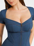 Popilush? Denim Deep V-Neck Short Sleeve Bodysuit