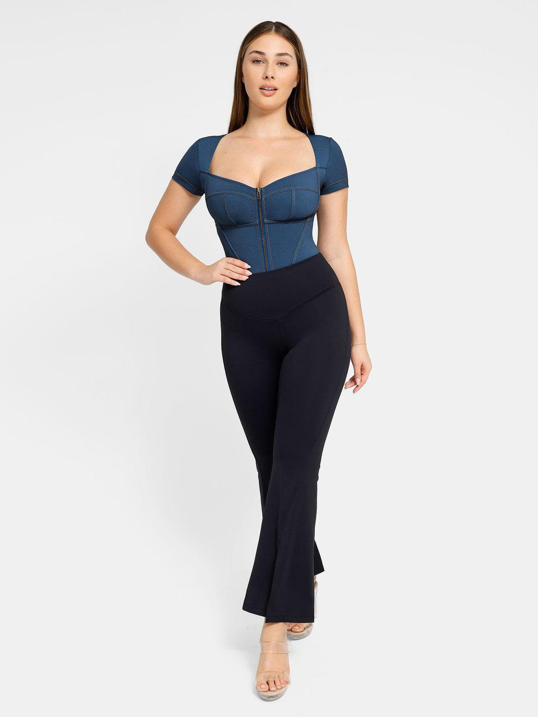 Popilush? Denim Deep V-Neck Short Sleeve Bodysuit