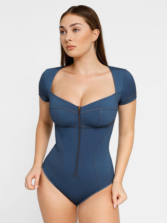 Popilush? Denim Deep V-Neck Short Sleeve Bodysuit