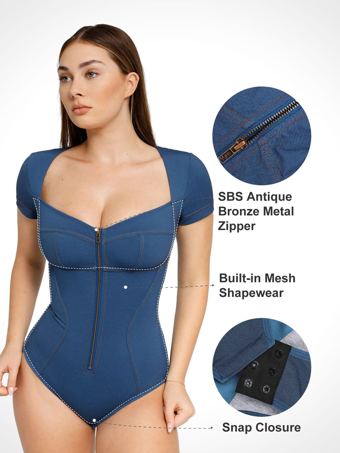 Popilush? Denim Deep V-Neck Short Sleeve Bodysuit