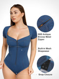 Popilush? Denim Deep V-Neck Short Sleeve Bodysuit