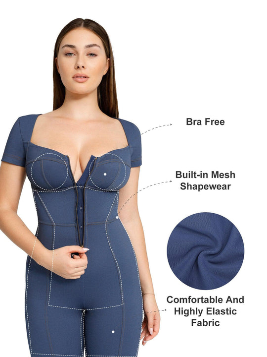 Popilush? Denim Short Sleeve Sport Jumpsuit With Zipper