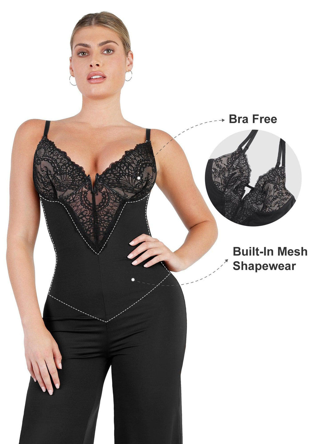 Popilush? Casual Jumpsuit Lace Deep V-Neck Wide-Leg Shapewear Slip Jumpsuit