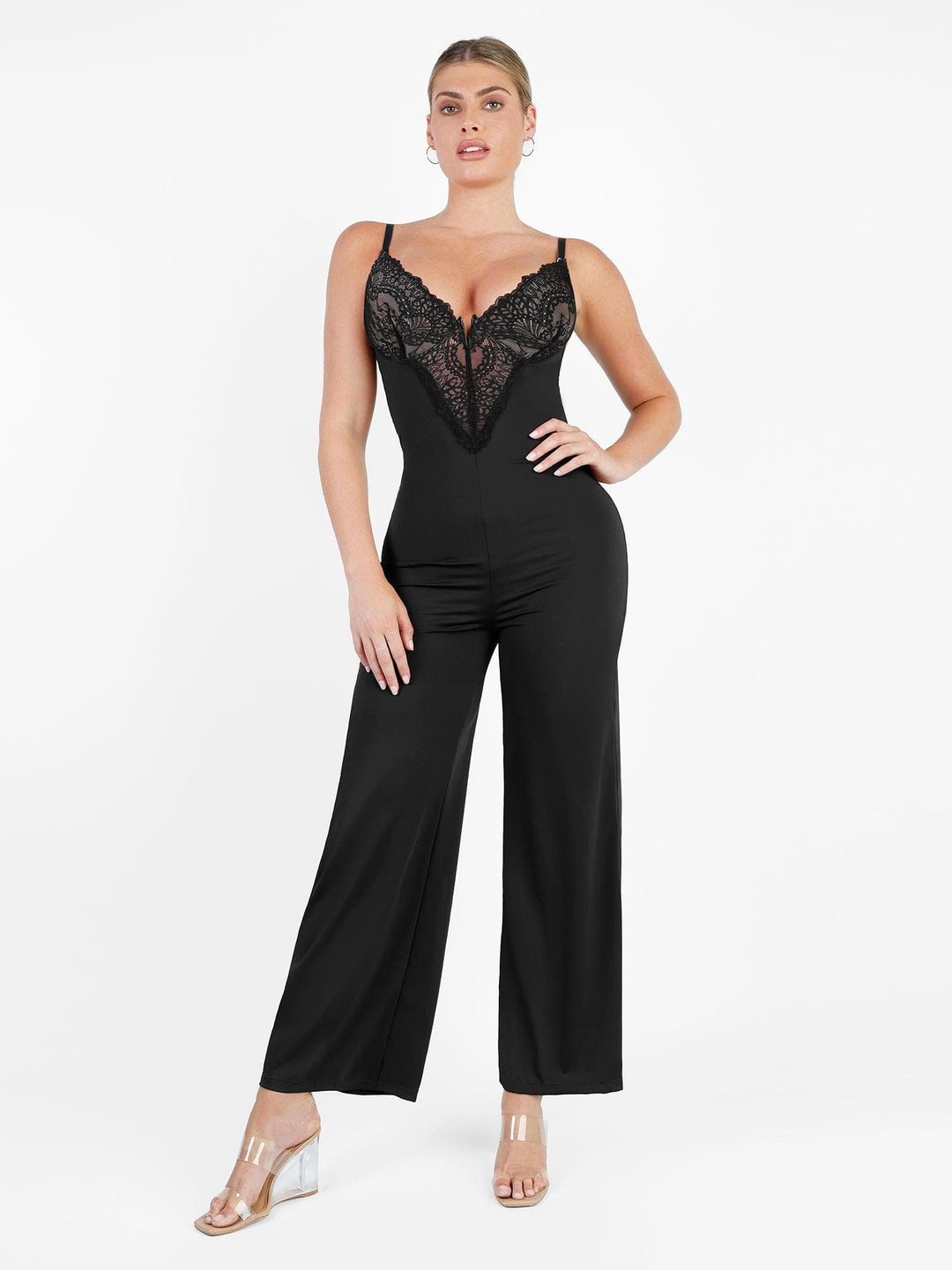 Popilush? Casual Jumpsuit Black / S Lace Deep V-Neck Wide-Leg Shapewear Slip Jumpsuit