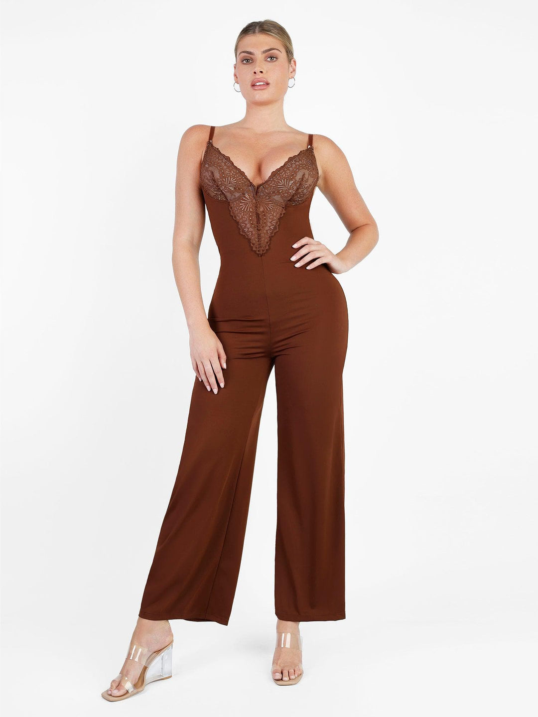 Popilush? Lace Wide-Leg Suspender Jumpsuit