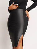 Popilush Leather Front Slit Midi Skirt