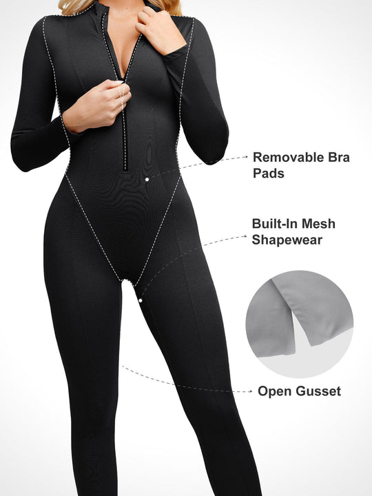 Popilush? Long Sleeve Shapewear Zip Front Sport Jumpsuit
