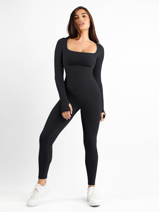 Popilush? Seamless Thumbhole Square Neck Long Sleeve Jumpsuit