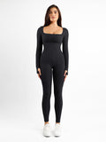Popilush? Seamless Thumbhole Square Neck Long Sleeve Jumpsuit