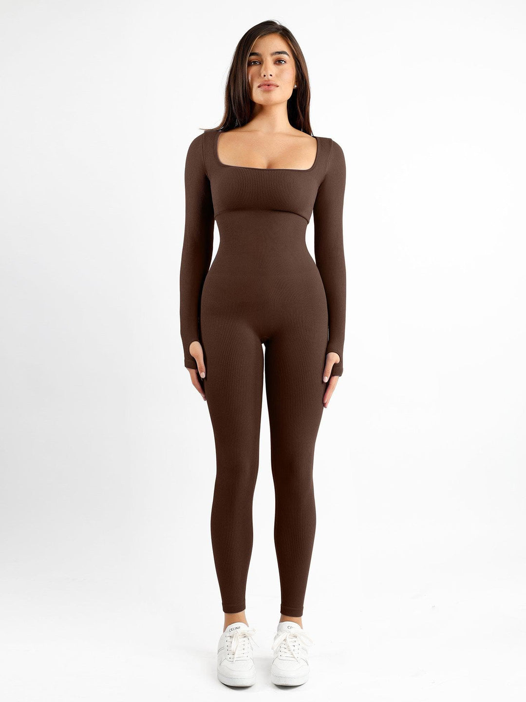 Popilush? Seamless Thumbhole Square Neck Long Sleeve Jumpsuit