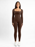 Popilush? Seamless Thumbhole Square Neck Long Sleeve Jumpsuit