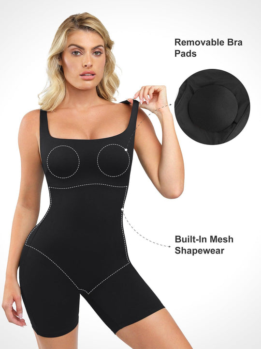 Popilush? Sqaure-Neck One Piece Thigh Slimming Workout Romper