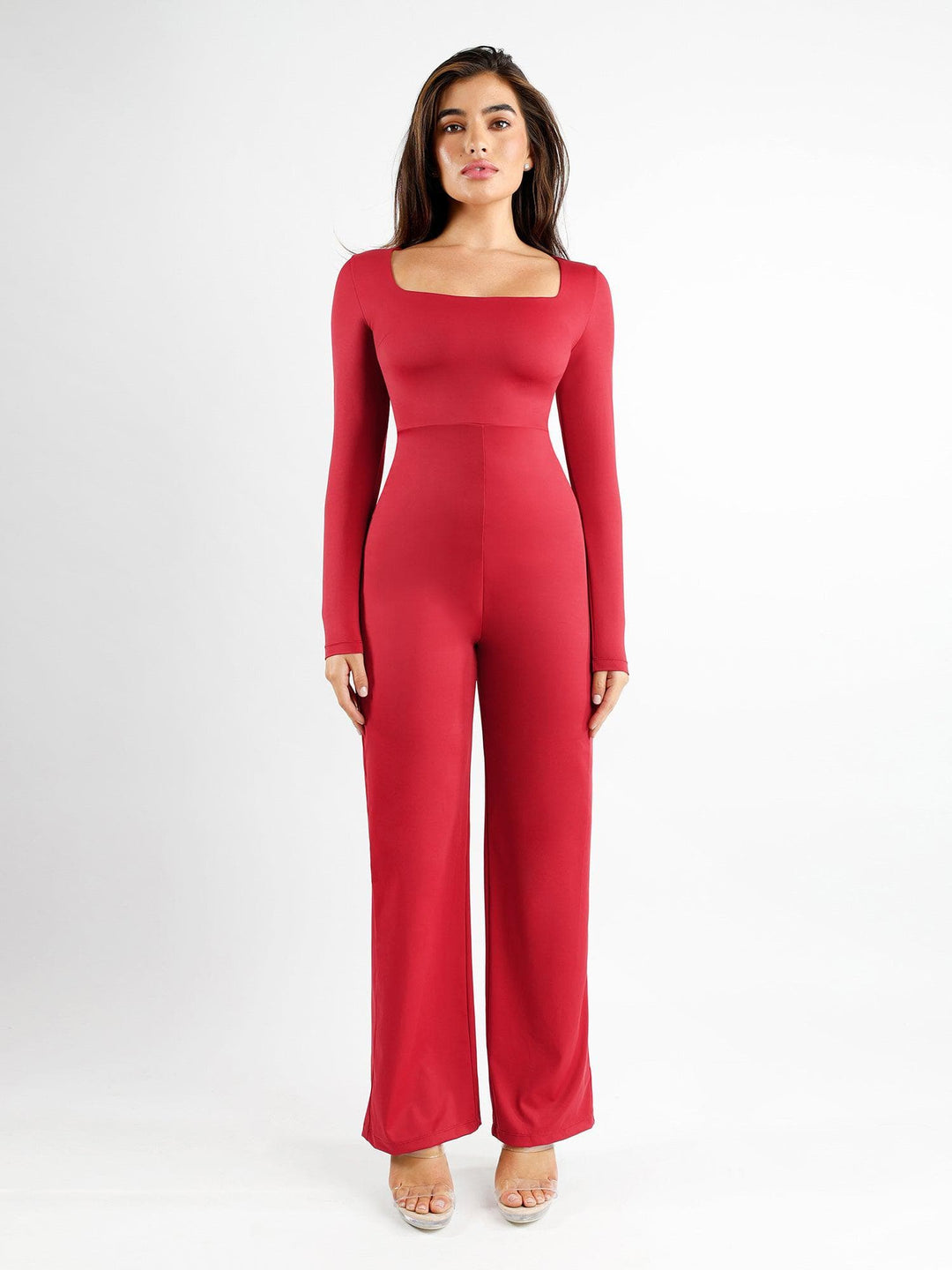 Popilush? Casual Jumpsuit Wine / XS Square Neck Wide-Leg Long Sleeve Shapewear Jumpsuit