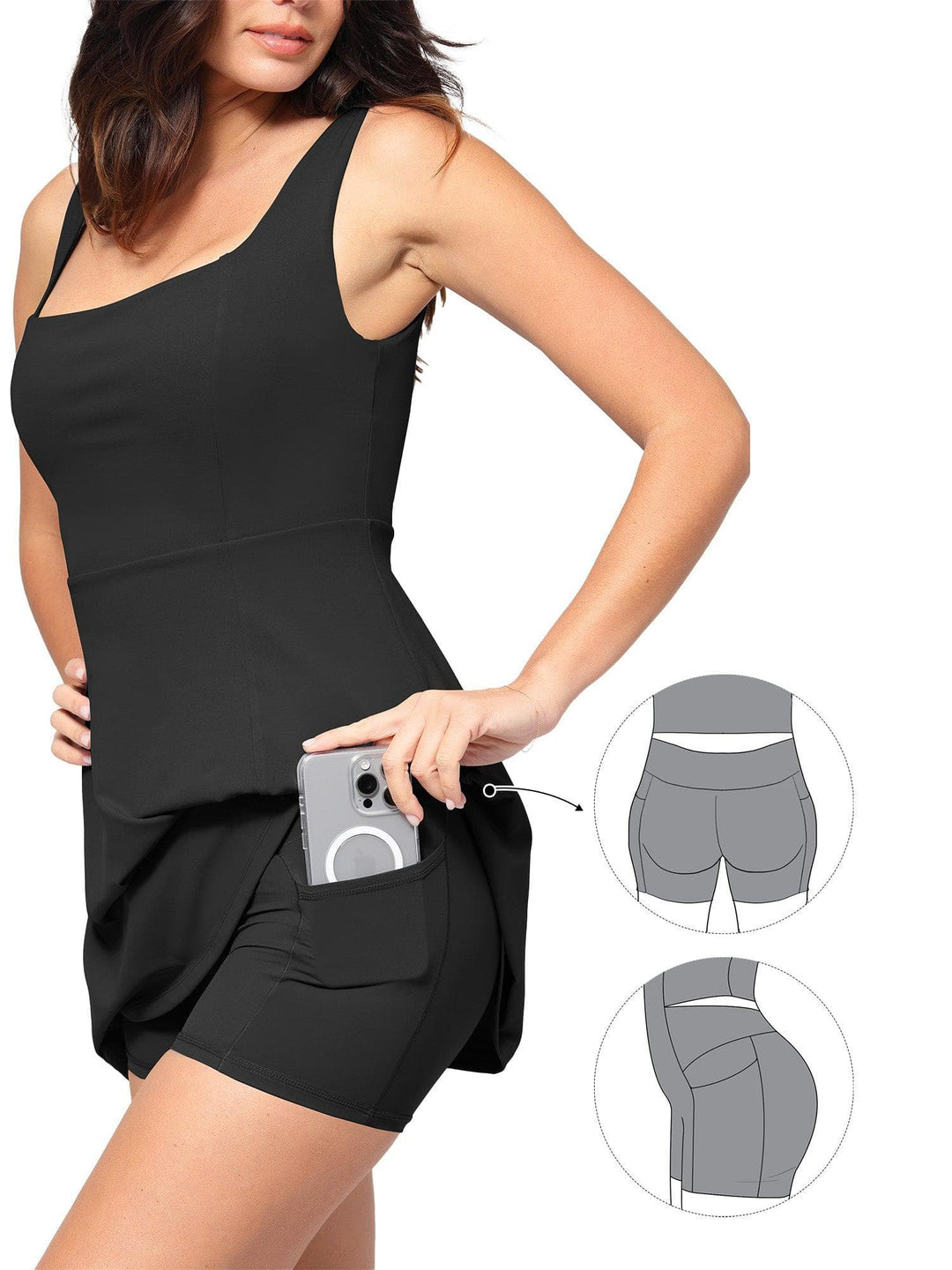 Popilush? Sports Tennis Dress Pet Hair Resistant Square Neck Workout Shapewear Dress